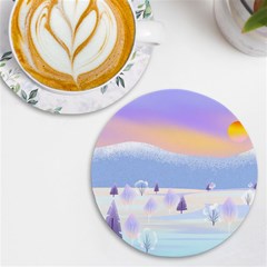 Vector Winter Landscape Sunset Evening Snow Uv Print Round Tile Coaster