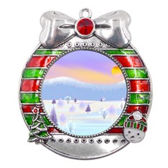 Vector Winter Landscape Sunset Evening Snow Metal X mas Ribbon With Red Crystal Round Ornament