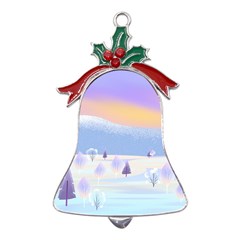 Vector Winter Landscape Sunset Evening Snow Metal Holly Leaf Bell Ornament by Mog4mog4