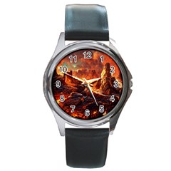 Nature Wallpaper Vulcanic Landscape Round Metal Watch by Mog4mog4