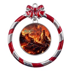 Nature Wallpaper Vulcanic Landscape Metal Red Ribbon Round Ornament by Mog4mog4