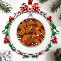 Watercolor Leaves Leaf Orange Metal X mas Wreath Ribbon Ornament