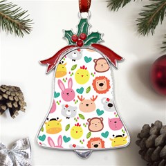 Cute Animals Cartoon Seamless Background Metal Holly Leaf Bell Ornament by Bakwanart