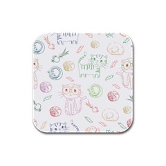 Cats And Food Doodle Seamless Pattern Rubber Square Coaster (4 Pack) by Bakwanart