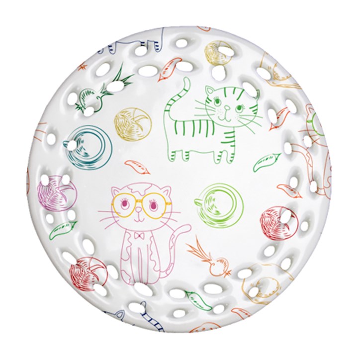 Cats And Food Doodle Seamless Pattern Ornament (Round Filigree)