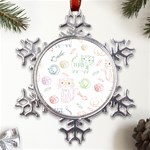 Cats And Food Doodle Seamless Pattern Metal Large Snowflake Ornament Front