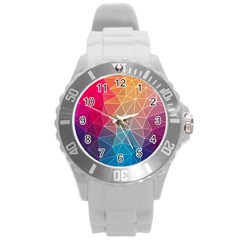 Multicolored Geometric Origami Idea Pattern Round Plastic Sport Watch (l) by Bakwanart