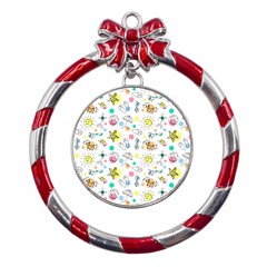 Summer Pattern Colorful Drawing Doodle Metal Red Ribbon Round Ornament by Bakwanart