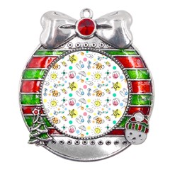 Summer Pattern Colorful Drawing Doodle Metal X mas Ribbon With Red Crystal Round Ornament