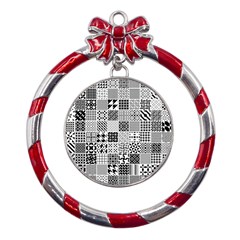 Black And White Geometric Patterns Metal Red Ribbon Round Ornament by Bakwanart