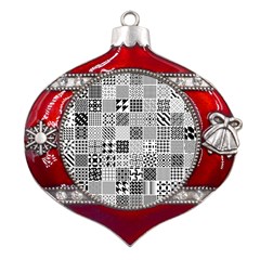 Black And White Geometric Patterns Metal Snowflake And Bell Red Ornament