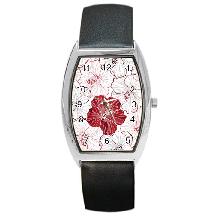 Red Hibiscus Flowers Art Barrel Style Metal Watch