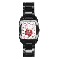 Red Hibiscus Flowers Art Stainless Steel Barrel Watch by Bakwanart