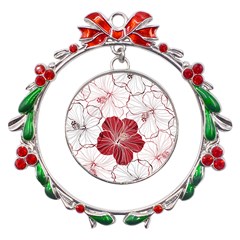 Red Hibiscus Flowers Art Metal X mas Wreath Ribbon Ornament