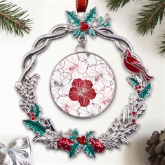 Red Hibiscus Flowers Art Metal X mas Wreath Holly Leaf Ornament