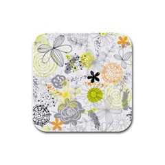 Doodle Flowers Hand Drawing Pattern Rubber Square Coaster (4 pack)