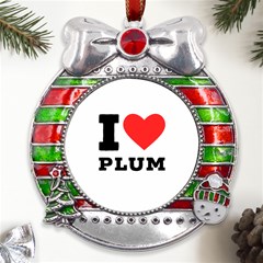 I Love Plum Metal X mas Ribbon With Red Crystal Round Ornament by ilovewhateva