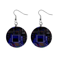 Blue Computer Monitor With Chair Game Digital Wallpaper, Digital Art Mini Button Earrings