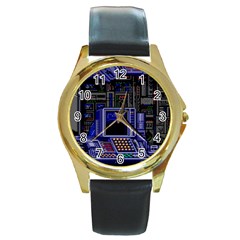 Blue Computer Monitor With Chair Game Digital Wallpaper, Digital Art Round Gold Metal Watch