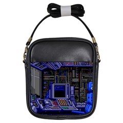 Blue Computer Monitor With Chair Game Digital Wallpaper, Digital Art Girls Sling Bag