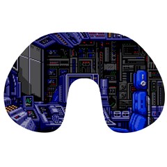 Blue Computer Monitor With Chair Game Digital Wallpaper, Digital Art Travel Neck Pillow by Bakwanart