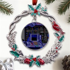 Blue Computer Monitor With Chair Game Digital Wallpaper, Digital Art Metal X mas Wreath Holly leaf Ornament