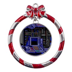 Blue Computer Monitor With Chair Game Digital Wallpaper, Digital Art Metal Red Ribbon Round Ornament by Bakwanart