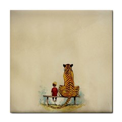 Tiger Sitting Beside Boy Painting Parody Cartoon Tile Coaster by Bakwanart