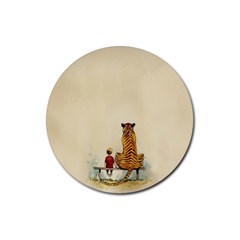 Tiger Sitting Beside Boy Painting Parody Cartoon Rubber Coaster (round) by Bakwanart