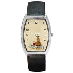 Tiger Sitting Beside Boy Painting Parody Cartoon Barrel Style Metal Watch