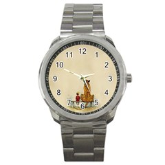 Tiger Sitting Beside Boy Painting Parody Cartoon Sport Metal Watch