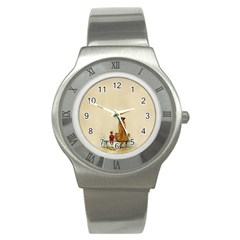 Tiger Sitting Beside Boy Painting Parody Cartoon Stainless Steel Watch