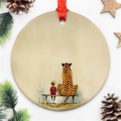 Tiger Sitting Beside Boy Painting Parody Cartoon Round Ornament (two Sides) by Bakwanart