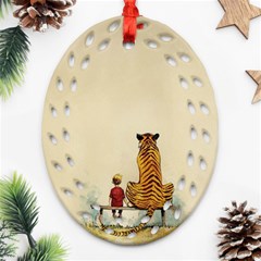 Tiger Sitting Beside Boy Painting Parody Cartoon Ornament (oval Filigree) by Bakwanart