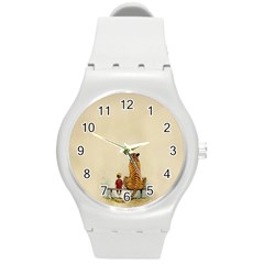 Tiger Sitting Beside Boy Painting Parody Cartoon Round Plastic Sport Watch (m) by Bakwanart