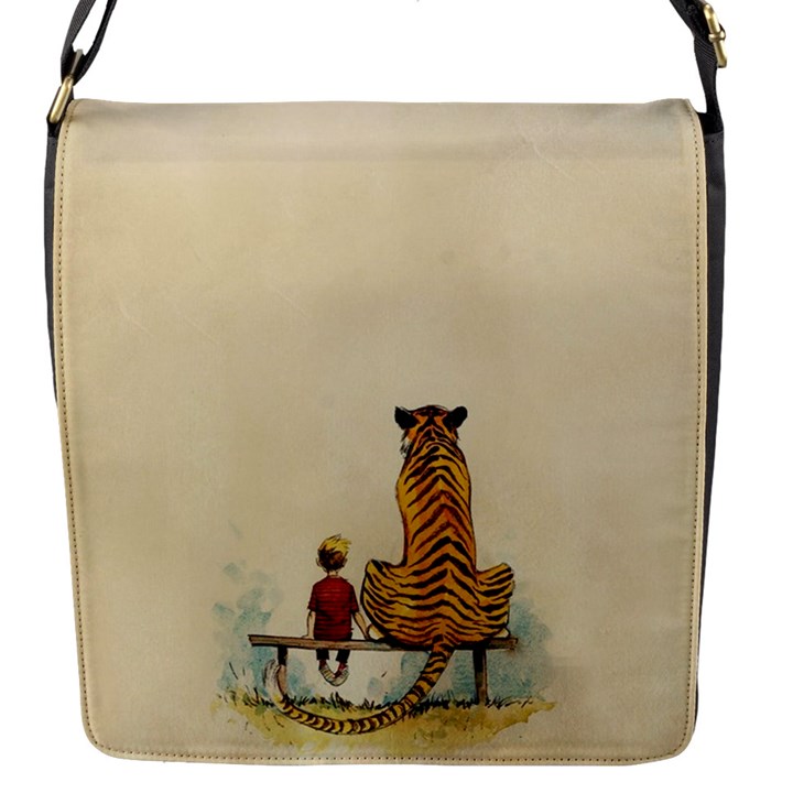 Tiger Sitting Beside Boy Painting Parody Cartoon Flap Closure Messenger Bag (S)