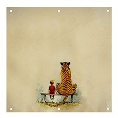 Tiger Sitting Beside Boy Painting Parody Cartoon Banner And Sign 4  X 4  by Bakwanart