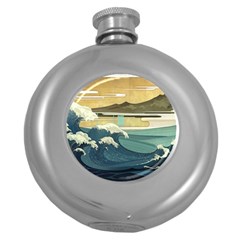 Sea Asia, Waves Japanese Art The Great Wave Off Kanagawa Round Hip Flask (5 Oz) by Bakwanart