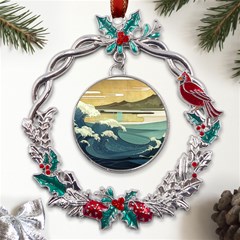 Sea Asia, Waves Japanese Art The Great Wave Off Kanagawa Metal X mas Wreath Holly Leaf Ornament by Bakwanart