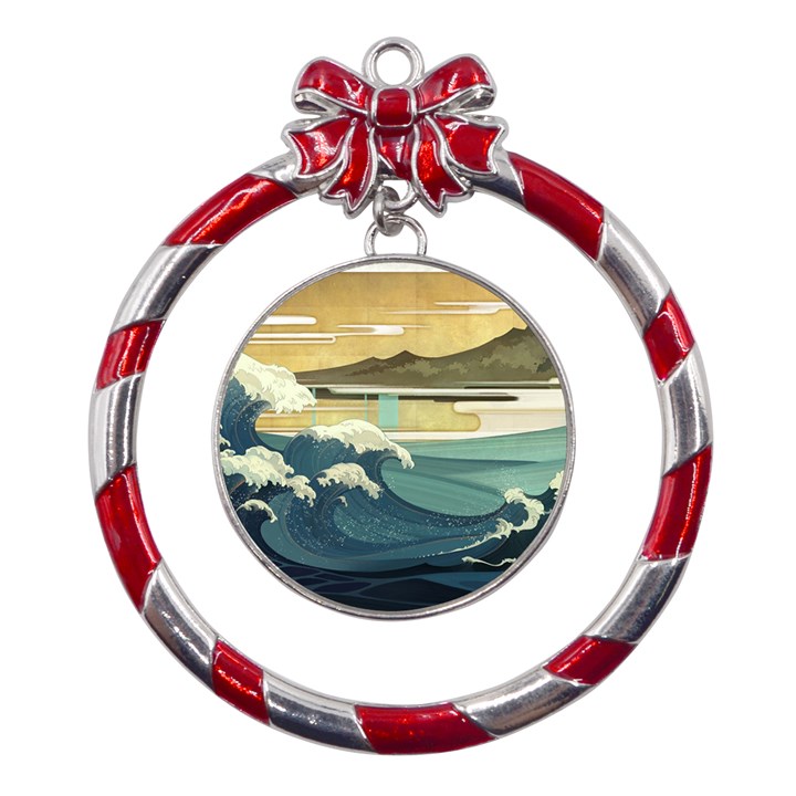 Sea Asia, Waves Japanese Art The Great Wave Off Kanagawa Metal Red Ribbon Round Ornament