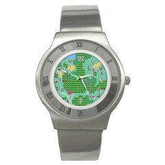 Green Retro Games Pattern Stainless Steel Watch by Bakwanart