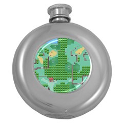 Green Retro Games Pattern Round Hip Flask (5 Oz) by Bakwanart