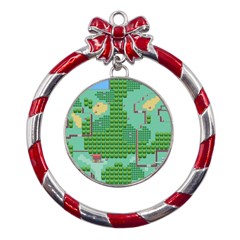 Green Retro Games Pattern Metal Red Ribbon Round Ornament by Bakwanart