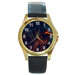 Abstract Colorful Circuit Round Gold Metal Watch by Bakwanart