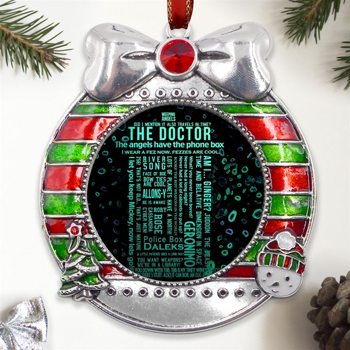 Tardis Doctor Who Technology Number Communication Metal X Mas Ribbon With Red Crystal Round Ornament