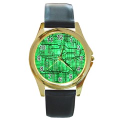 Green Circuit Board Computer Round Gold Metal Watch