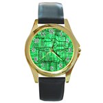 Green Circuit Board Computer Round Gold Metal Watch Front