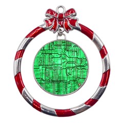 Green Circuit Board Computer Metal Red Ribbon Round Ornament by Bakwanart