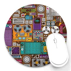 Pattern Design Art Techno Dj Music Retro Music Device Round Mousepad by Bakwanart