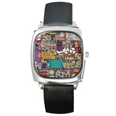 Pattern Design Art Techno Dj Music Retro Music Device Square Metal Watch by Bakwanart